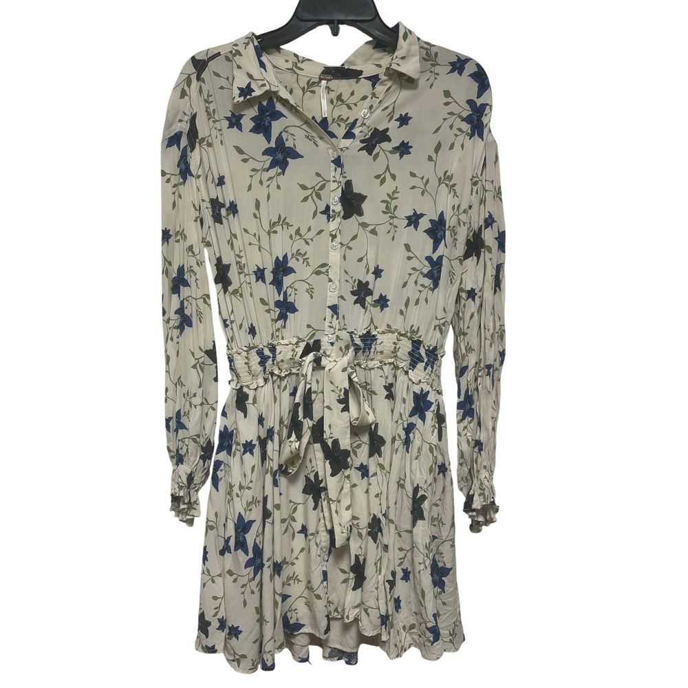 Free‎ People Floral Mini Dress Long Sleeve Button Down Flowy Boho Small - Picture 2 of 7